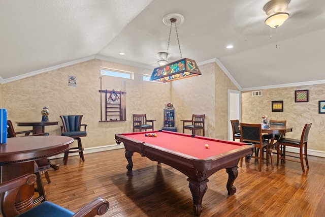 playroom with ornamental molding, vaulted ceiling, and pool table