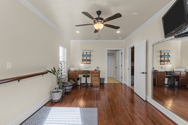 home office with ornamental molding, ceiling fan, and dark wood-type flooring