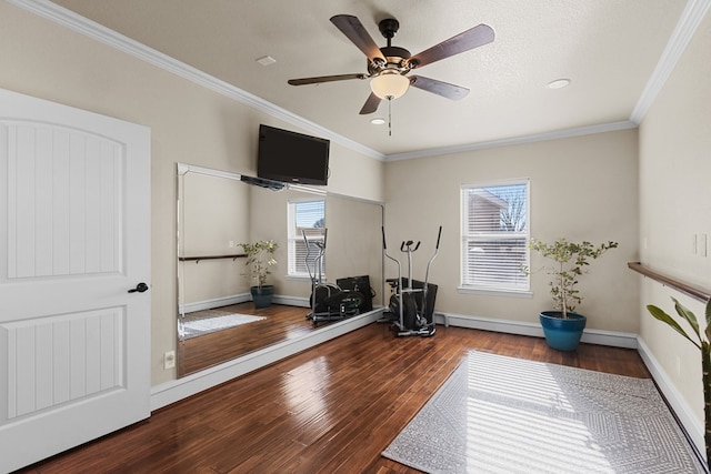 exercise room featuring crown molding, dark hardwood / wood-style flooring, and ceiling fan