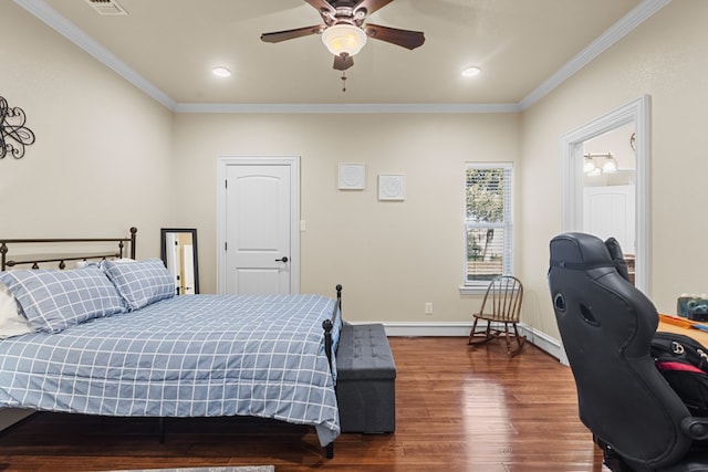 bedroom with dark hardwood / wood-style floors, ceiling fan, and crown molding