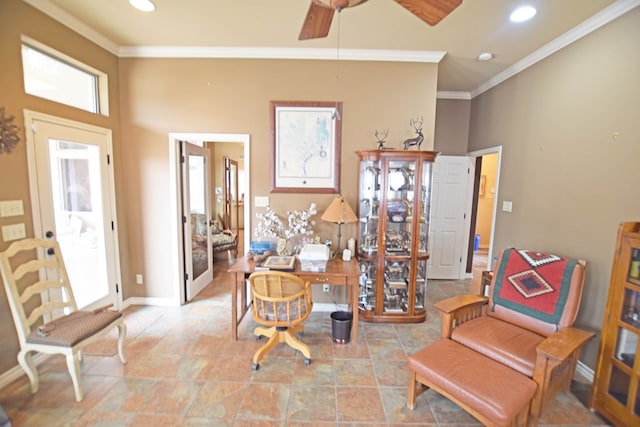 office with crown molding and ceiling fan