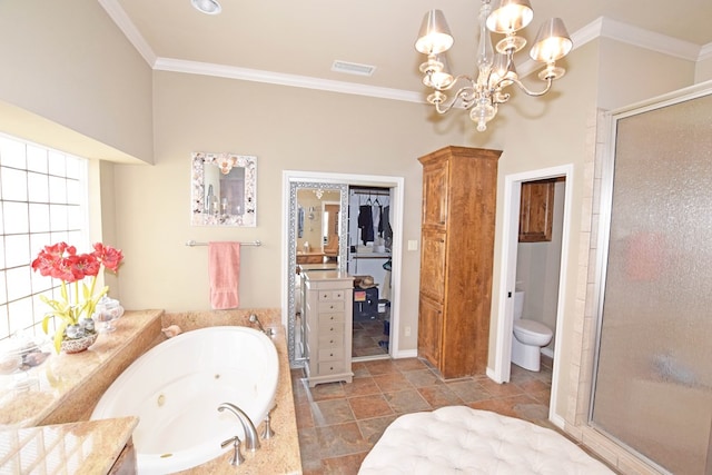 bathroom with crown molding, toilet, a chandelier, and plus walk in shower