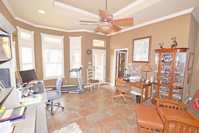 home office featuring ornamental molding and ceiling fan