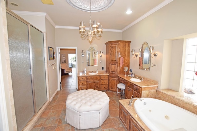 bathroom featuring vanity, ornamental molding, a notable chandelier, and plus walk in shower