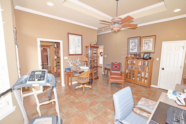 office area with crown molding, ceiling fan, and a tray ceiling