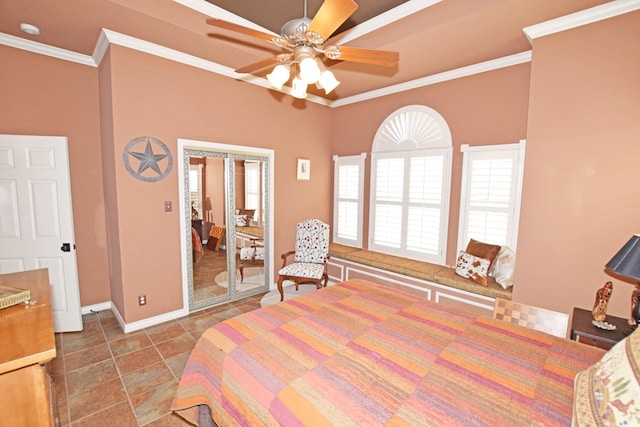 bedroom with crown molding and ceiling fan