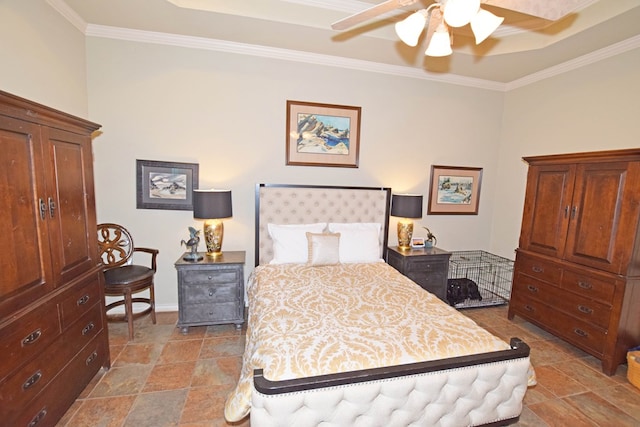 bedroom with crown molding and ceiling fan