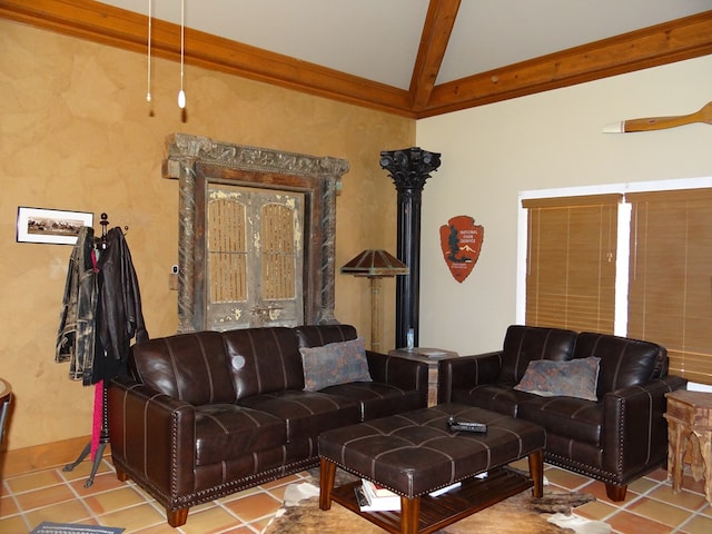 tiled living room featuring lofted ceiling with beams