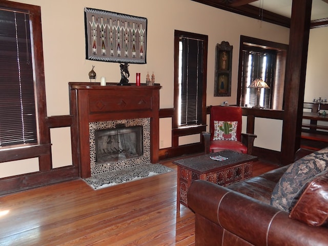 living room with a fireplace, wood-type flooring, and crown molding