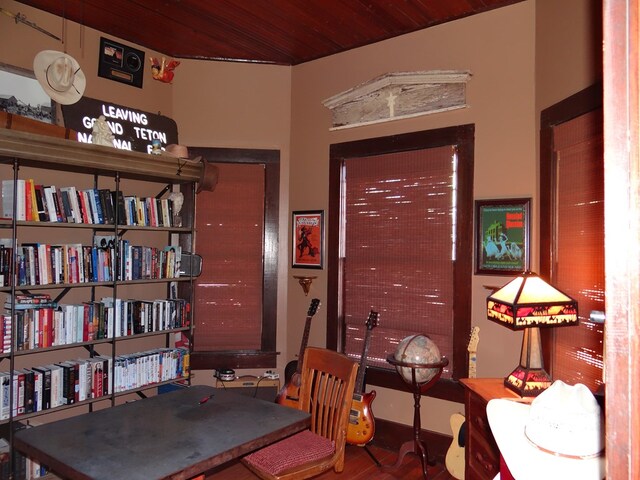 office area featuring hardwood / wood-style floors and wood ceiling