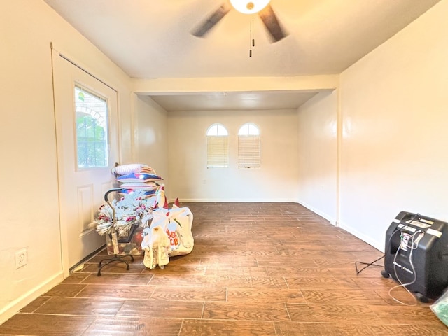 interior space featuring ceiling fan and dark wood-type flooring