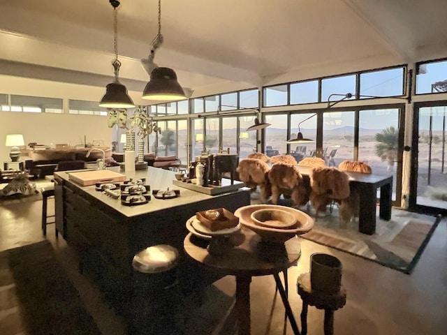 dining space featuring a mountain view and a healthy amount of sunlight