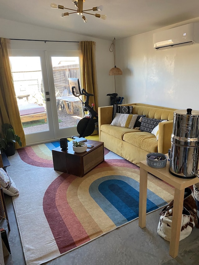 living room with a wall mounted air conditioner, a chandelier, and vaulted ceiling