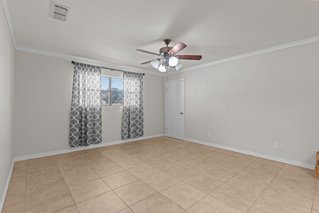 tiled empty room with ornamental molding and ceiling fan