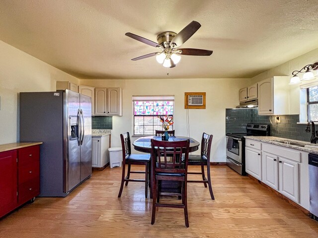 kitchen with under cabinet range hood, decorative backsplash, light wood-style floors, stainless steel appliances, and a sink