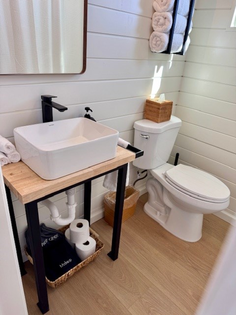 half bathroom with wood finished floors, a sink, and toilet