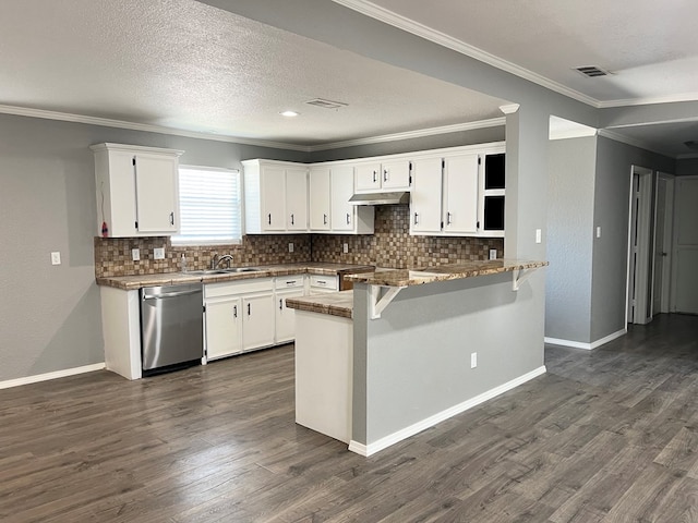 kitchen with dishwasher, dark hardwood / wood-style flooring, white cabinets, and kitchen peninsula