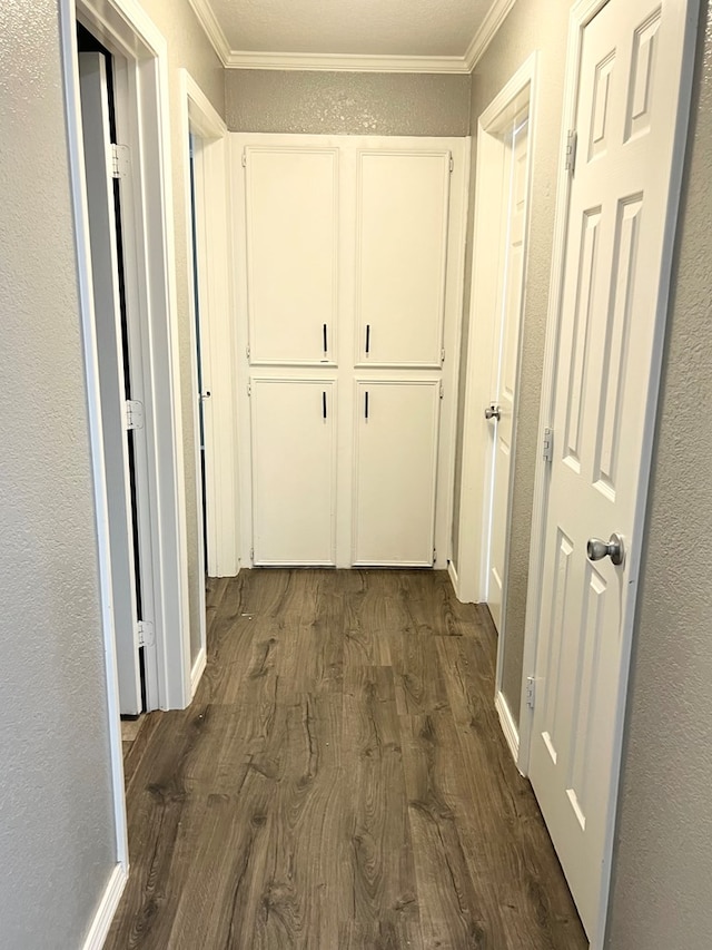 hall featuring crown molding and dark wood-type flooring