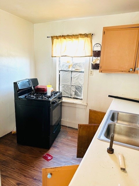 kitchen featuring gas stove, sink, and dark hardwood / wood-style floors