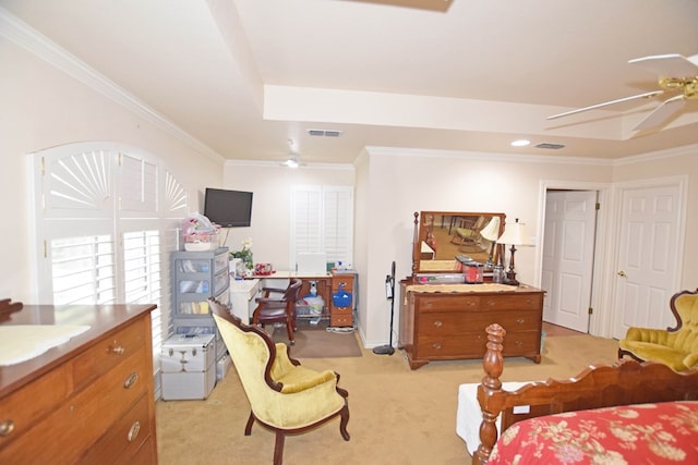 carpeted bedroom with ceiling fan, ornamental molding, and sink