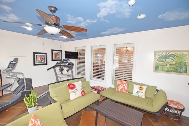 living room featuring crown molding