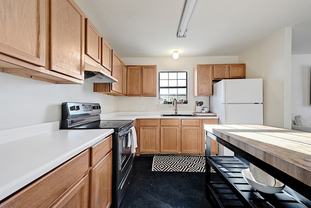 kitchen with white fridge, sink, and black / electric stove