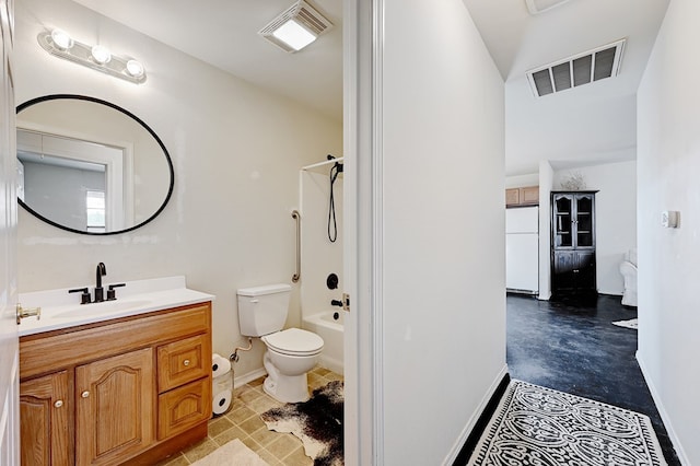 full bathroom featuring bathing tub / shower combination, vanity, and toilet