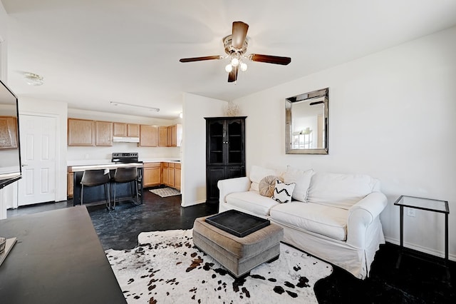 living room featuring ceiling fan