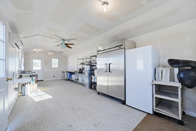 interior space with ceiling fan, lofted ceiling, and a wall mounted AC