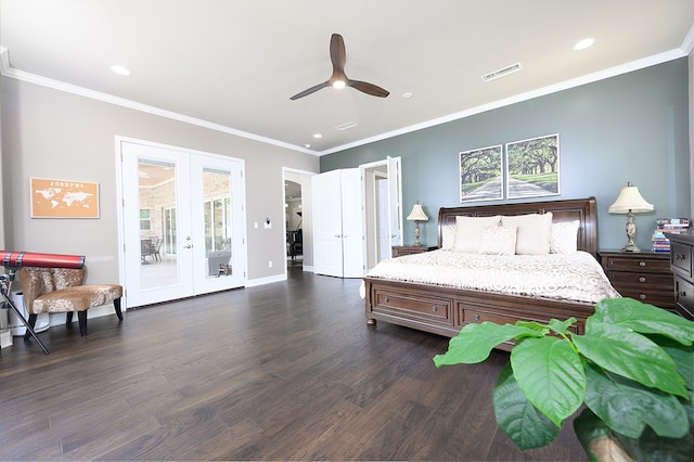 bedroom with ceiling fan, dark hardwood / wood-style flooring, multiple windows, and french doors