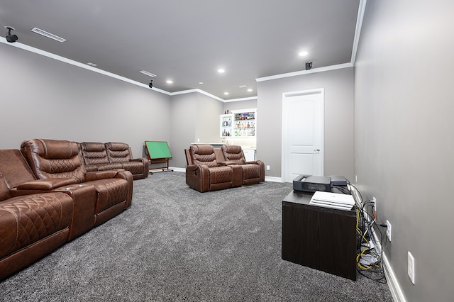 carpeted cinema with crown molding