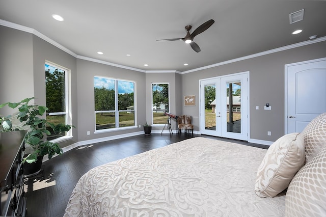 bedroom with dark hardwood / wood-style floors, crown molding, access to outside, and french doors