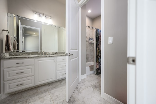 bathroom with vanity and shower / bathtub combination with curtain