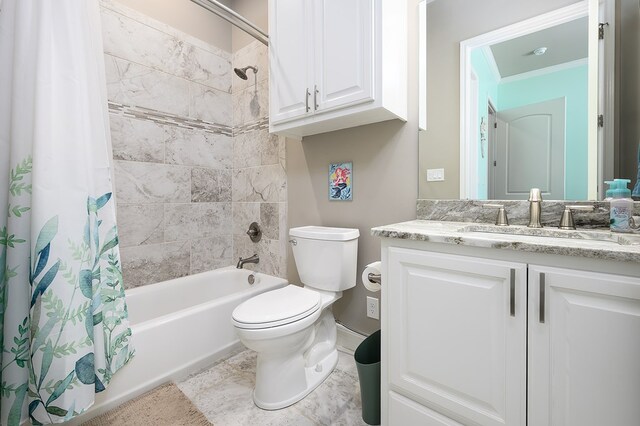 full bathroom with shower / bath combo, vanity, toilet, and ornamental molding