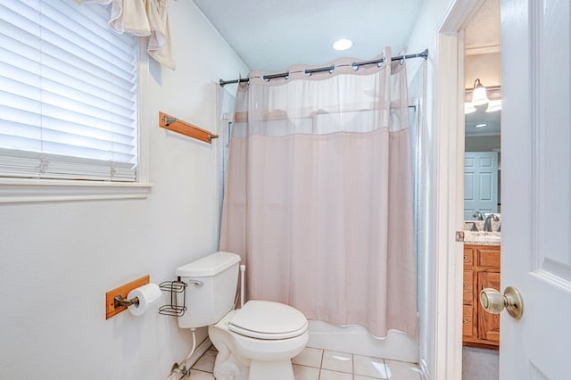 full bath with vanity, tile patterned floors, shower / bath combination with curtain, and toilet