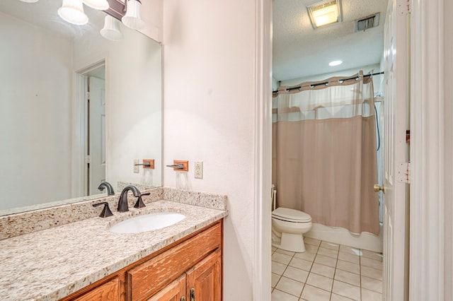 full bath with vanity, visible vents, tile patterned flooring, a textured ceiling, and toilet