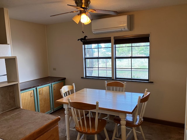 carpeted dining room with an AC wall unit, ceiling fan, and a textured ceiling