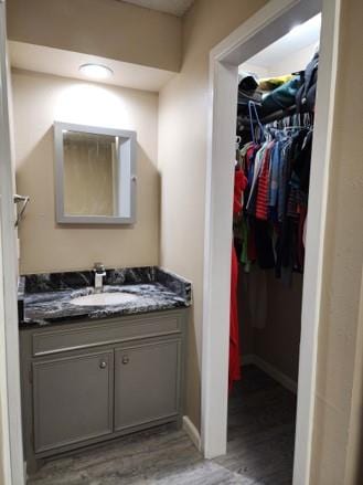 bathroom with vanity and wood-type flooring