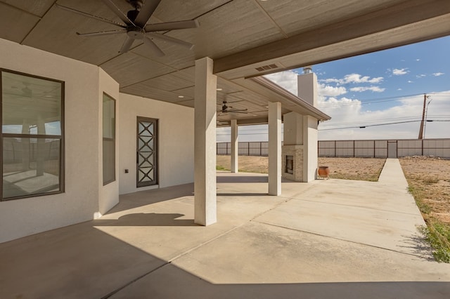 view of patio / terrace with visible vents, ceiling fan, and fence