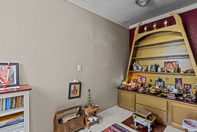 bathroom with walk in shower, toilet, and ornamental molding