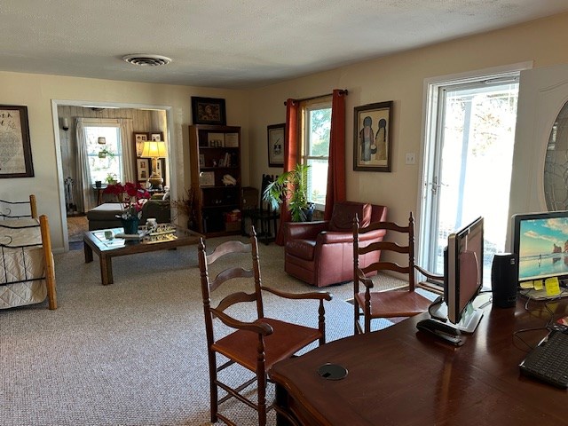 carpeted dining area featuring a textured ceiling