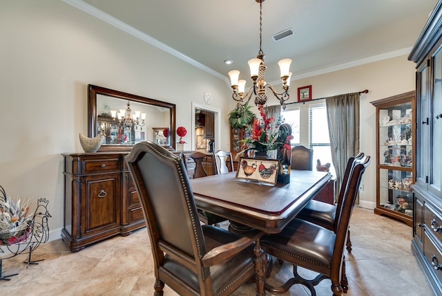 dining space with ornamental molding and a notable chandelier