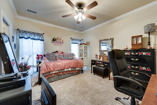 bedroom featuring carpet flooring, ceiling fan, and ornamental molding