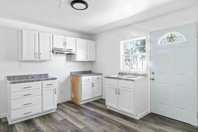 kitchen featuring white cabinetry, sink, dark wood-type flooring, and a textured ceiling