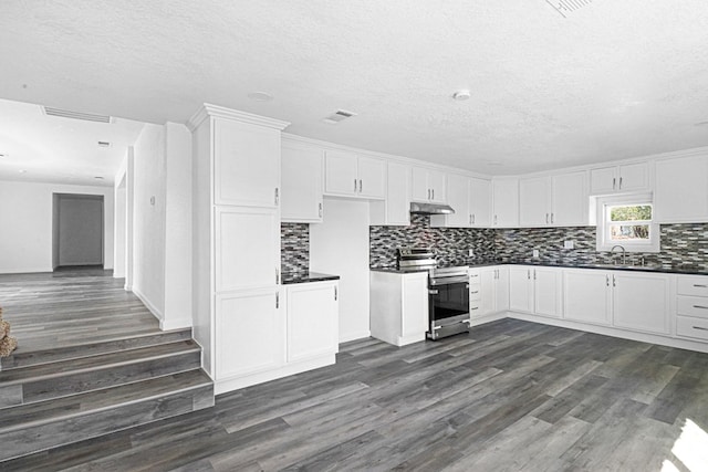 kitchen featuring white cabinetry, dark hardwood / wood-style floors, stainless steel range oven, and sink