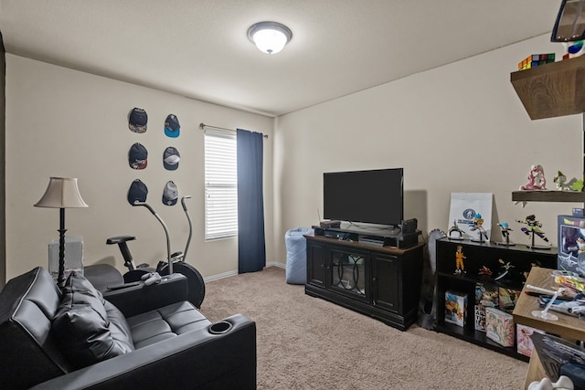 carpeted living room featuring baseboards