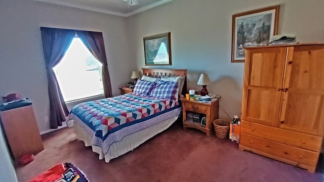 carpeted bedroom featuring ornamental molding