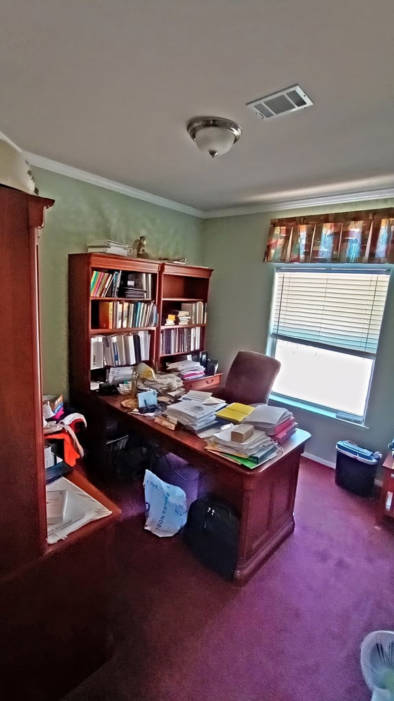 home office featuring carpet and ornamental molding