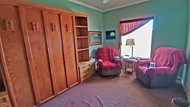 living area featuring carpet floors and ornamental molding