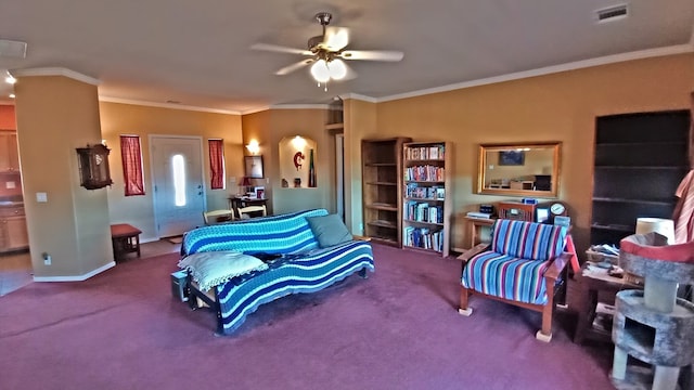 carpeted living room featuring ceiling fan and ornamental molding